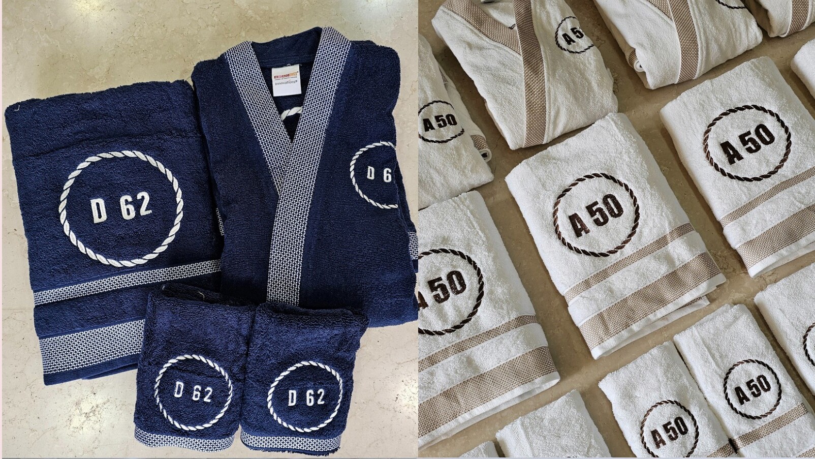 Navy branded merchandise including towels, bath gowns, and mugs with ship pennant numbers