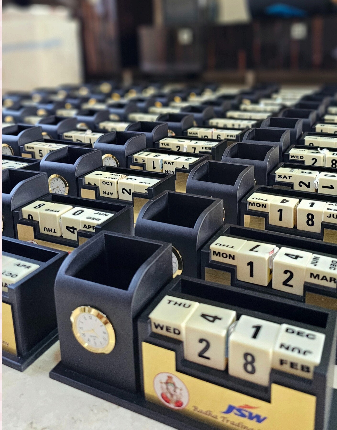 Desk organizers with flip calendars and clocks