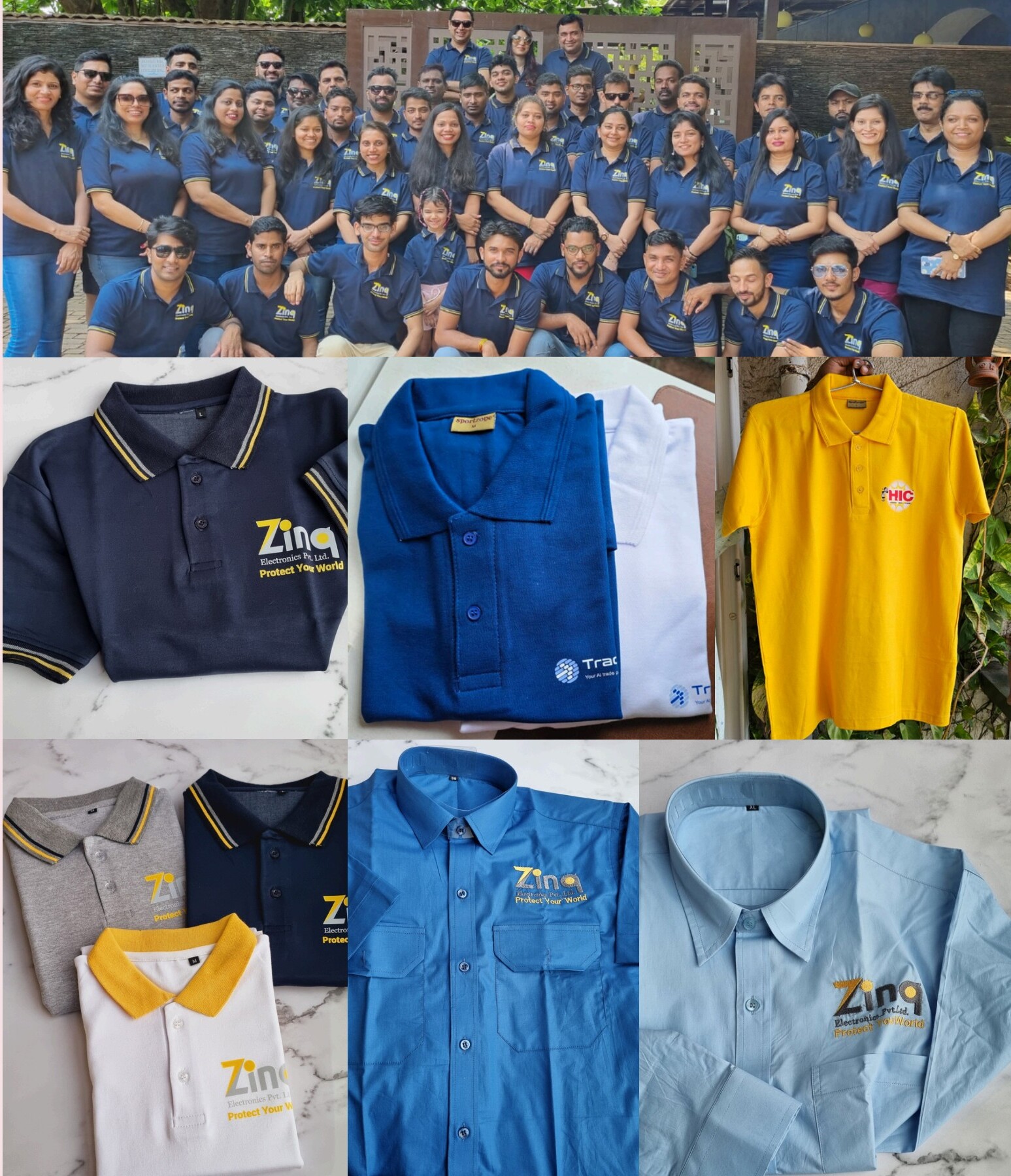 Corporate team wearing branded polo shirts with logos