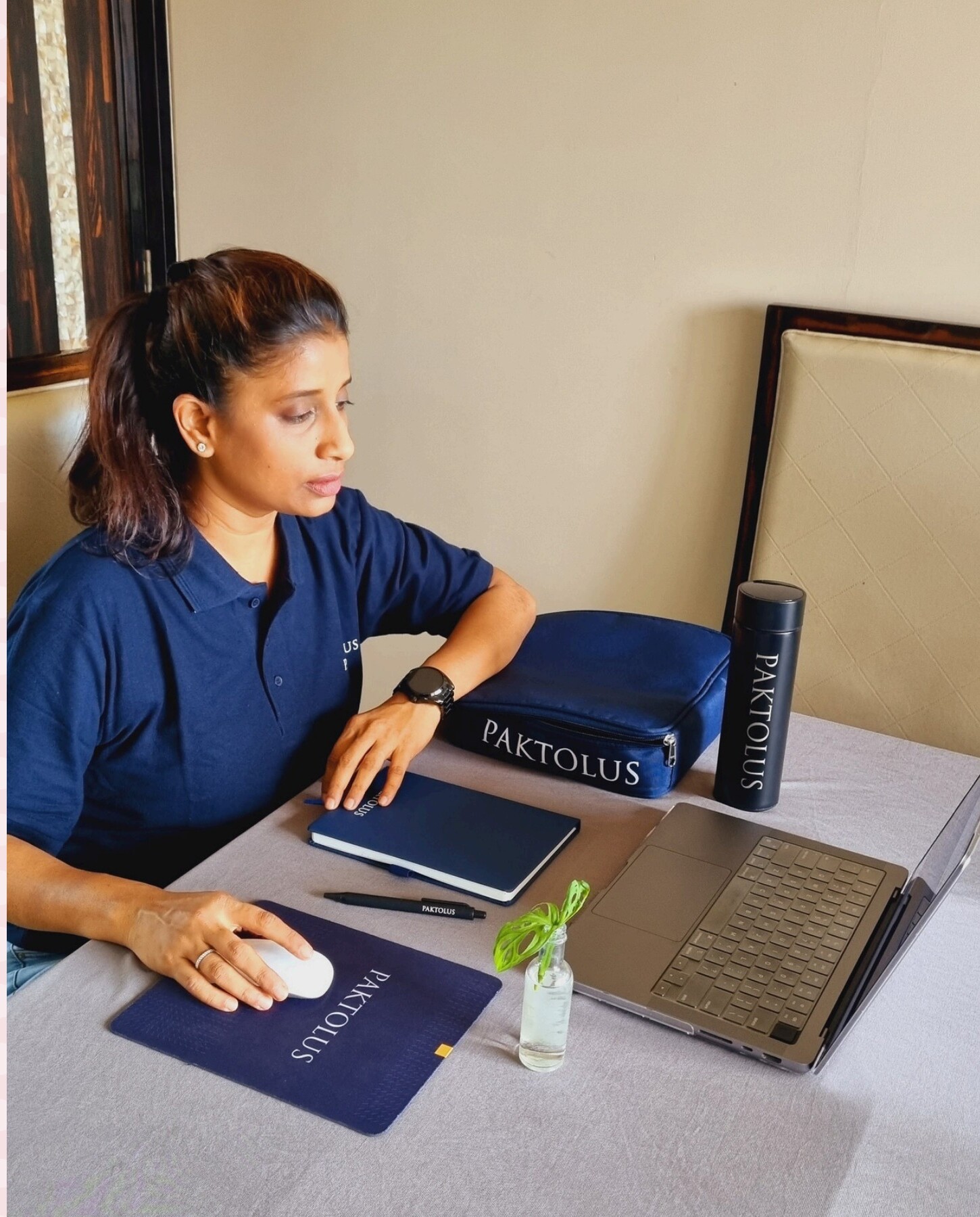 Sustainable welcome kit with branded office supplies in a cotton tiffin pouch